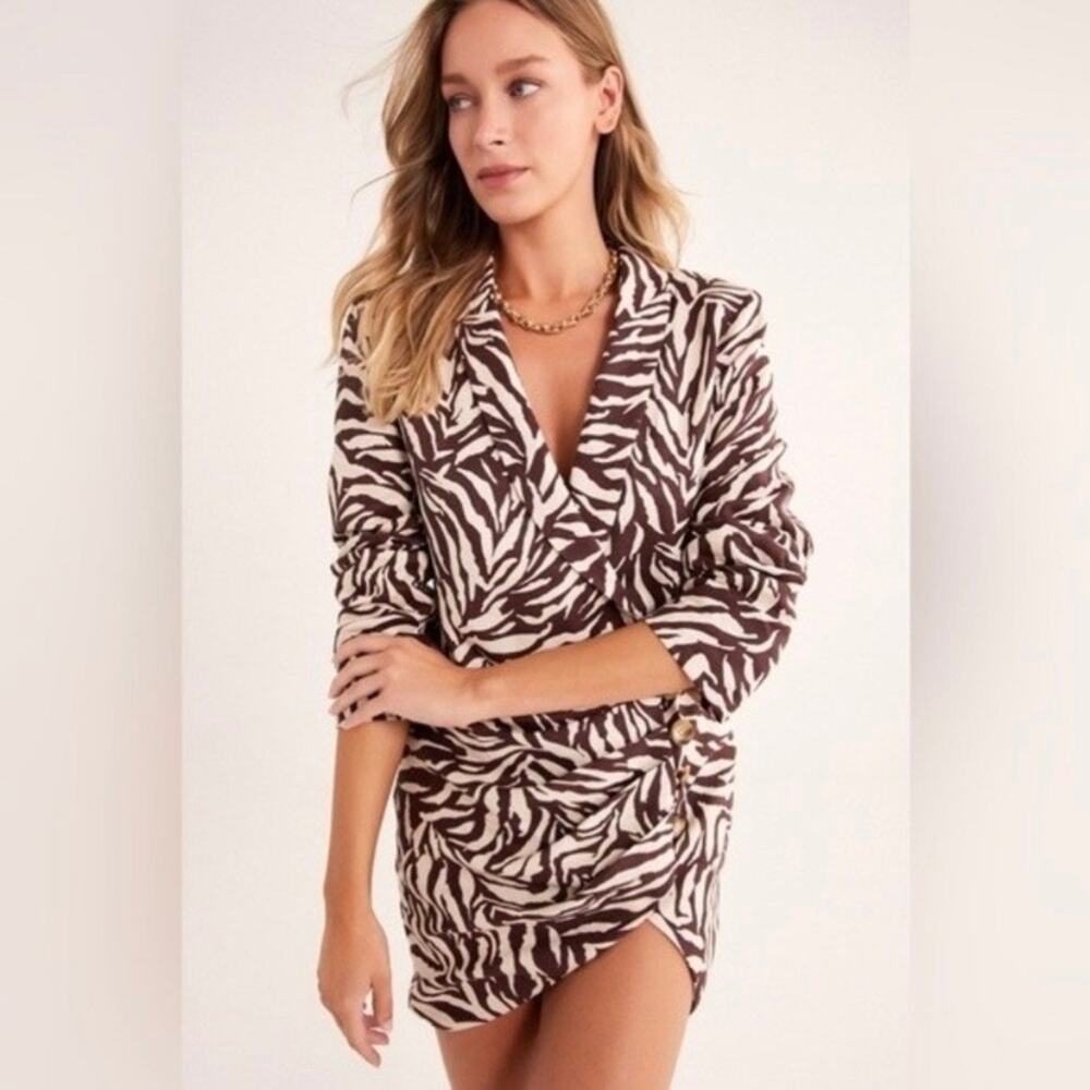 Rumer The Label Brown Cream Animal Print Cyrus Linen Blazer Dress Mini Dress XS